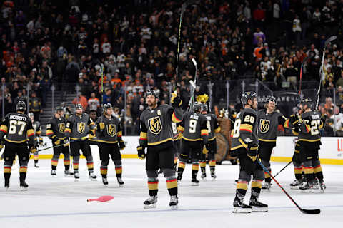 LAS VEGAS, NEVADA – JANUARY 02: The Vegas Golden Knights celebrate after defeating the Philadelphia Flyers at T-Mobile Arena on January 02, 2020 in Las Vegas, Nevada. (Photo by Jeff Bottari/NHLI via Getty Images)