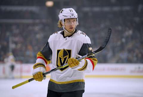 LOS ANGELES, CA – DECEMBER 08: William Karlsson #71 of the Vegas Golden Knights waits for a faceoff against the Los Angeles Kings at Staples Center on December 8, 2018 in Los Angeles, California. (Photo by Harry How/Getty Images)