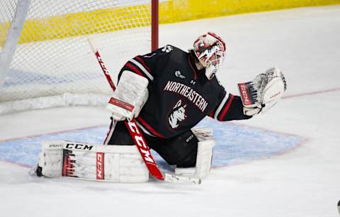 WORCESTER, MA – MARCH 25: Devon Levi #1 of the Northeastern Huskies makes a save against the Western Michigan Broncos during the NCAA Men’s Ice Hockey Northeast Regional game at the DCU Center on March 25, 2022 in Worcester, Massachusetts. The Broncos won 2-1 in overtime. (Photo by Richard T Gagnon/Getty Images)