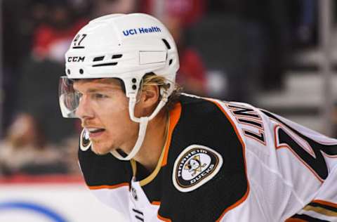 CALGARY, AB – OCTOBER 18: Hampus Lindholm #47 of the Anaheim Ducks in action against the Calgary Flames during an NHL game at Scotiabank Saddledome on October 18, 2021 in Calgary, Alberta, Canada. (Photo by Derek Leung/Getty Images)