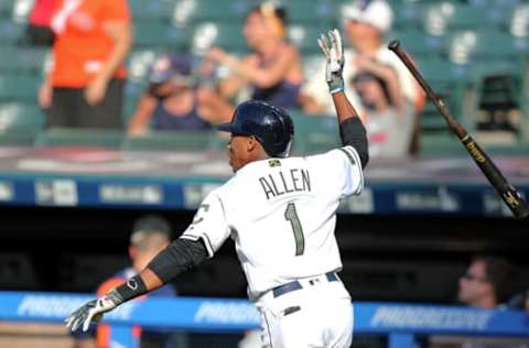 CLEVELAND, OH – MAY 27: Cleveland Indians outfielder Greg Allen (1) tosses his bat as his drive clears the right field wall for a game-winning walk-off home run in the fourteenth inning of the Major League Baseball game between the Houston Astros and Cleveland Indians on May 27, 2018, at Progressive Field in Cleveland, OH. Cleveland defeated Houston 10-9 in fourteen innings. (Photo by Frank Jansky/Icon Sportswire via Getty Images)