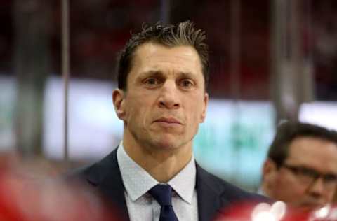 RALEIGH, NC – MARCH 28: Rod Brind’Amour head coach of the Carolina Hurricanes watches action on the ice during an NHL game against the Washington Capitals on March 28, 2019 at PNC Arena in Raleigh, North Carolina. (Photo by Gregg Forwerck/NHLI via Getty Images)