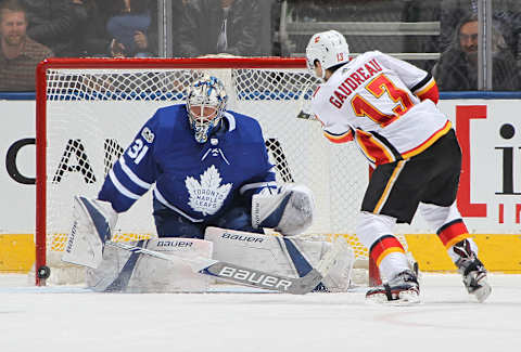 TORONTO,ON – DECEMBER 6: Johnny Gaudreau #13 of the Calgary Flames on Frederik Andersen (Photo by Claus Andersen/Getty Images)