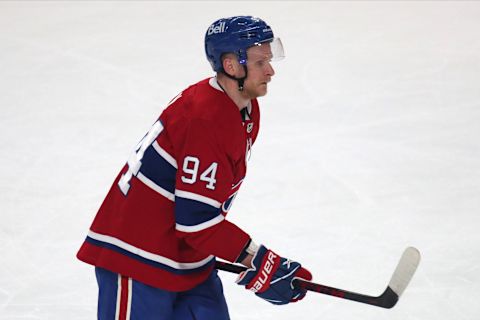 Jun 7, 2021; Montreal, Quebec, CAN; Montreal Canadiens right wing Crey Perry (94) during the warm-up session before game four against Winnipeg Jets of the second round of the 2021 Stanley Cup Playoffs at Bell Centre. Mandatory Credit: Jean-Yves Ahern-USA TODAY Sports