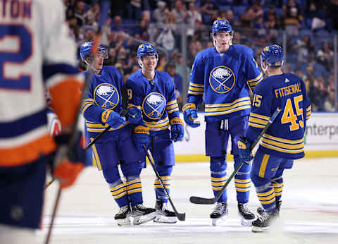 Apr 23, 2022; Buffalo, New York, USA; Buffalo Sabres right wing Tage Thompson (72) celebrates his goal with teammates during the second period against the New York Islanders at KeyBank Center. Mandatory Credit: Timothy T. Ludwig-USA TODAY Sports