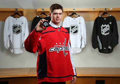 VANCOUVER, BRITISH COLUMBIA – JUNE 21: Connor McMichael, 25th overall pick of the Washington Capitals, poses for a portrait during the first round of the 2019 NHL Draft at Rogers Arena on June 21, 2019 in Vancouver, Canada. (Photo by Andre Ringuette/NHLI via Getty Images)