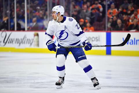 PHILADELPHIA, PA – FEBRUARY 19: Tampa Bay Lightning Defenceman Ryan McDonagh (27) skates through the defensive zone in the first period during the game between the Tampa Bay Lightning and Philadelphia Flyers on February 19, 2019 at Wells Fargo Center in Philadelphia, PA. (Photo by Kyle Ross/Icon Sportswire via Getty Images)