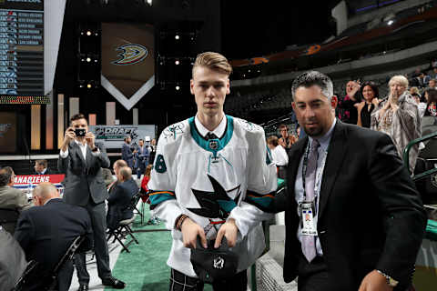 DALLAS, TX – JUNE 23: Zachary Emond reacts after being selected 176th overall by the San Jose Sharks during the 2018 NHL Draft at American Airlines Center on June 23, 2018 in Dallas, Texas. (Photo by Bruce Bennett/Getty Images)