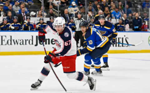 Sep 29, 2022; St. Louis, Missouri, USA; Columbus Blue Jackets forward James Malatesta (67) shoots against the St. Louis Blues during the first period at Enterprise Center. Mandatory Credit: Jeff Curry-USA TODAY Sports