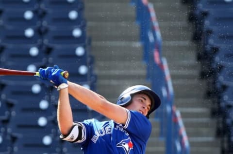 TAMPA, FL – AUGUST 04: Tristan Casas (28) of American Heritage Plantation at bat during the East Coast Pro Showcase on August 04, 2017, at Steinbrenner Field in Tampa, FL. (Photo by Cliff Welch/Icon Sportswire via Getty Images)