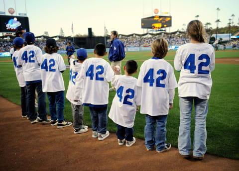 LOS ANGELES, CA – APRIL 15: Los Angeles Dodgers Kids in the Field honor Jackie Robinson by wearing his