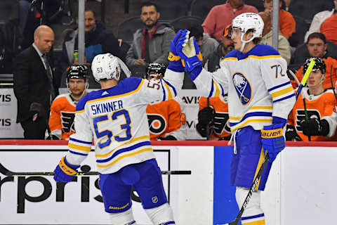 Apr 17, 2022; Philadelphia, Pennsylvania, USA; Buffalo Sabres right wing Tage Thompson (72) celebrates his empty net goal with left wing Jeff Skinner (53) against the Philadelphia Flyers during the third period at Wells Fargo Center. Mandatory Credit: Eric Hartline-USA TODAY Sports