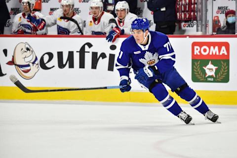 LAVAL, QC – OCTOBER 27: Pavel Gogolev #71 of the Toronto Marlies skates against the Laval Rocket during the first period at Place Bell on October 27, 2021 in Montreal, Canada. The Laval Rocket defeated the Toronto Marlies 5-0. (Photo by Minas Panagiotakis/Getty Images)