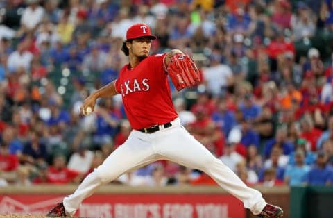 Jun 8, 2016; Arlington, TX, USA; Texas Rangers starting pitcher Yu Darvish (11) throws during the game against the Houston Astros at Globe Life Park in Arlington. Mandatory Credit: Kevin Jairaj-USA TODAY Sports