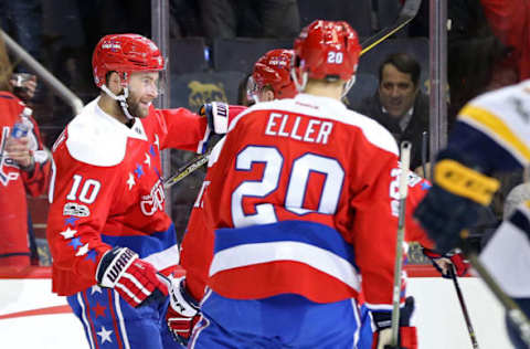 Mar 16, 2017; Washington, DC, USA; Washington Capitals right wing Brett Connolly (10) celebrates with teammates after scoring a goal against the Nashville Predators in the first period at Verizon Center. Mandatory Credit: Geoff Burke-USA TODAY Sports