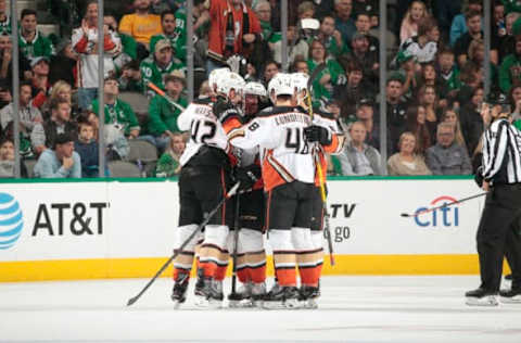 DALLAS, TX – OCTOBER 13: Kiefer Sherwood #64 of the Anaheim Ducks celebrates his first career goal against the Dallas Stars at the American Airlines Center on October 13, 2018, in Dallas, Texas. (Photo by Glenn James/NHLI via Getty Images)