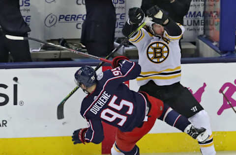 COLUMBUS – MAY 2: Boston Bruins right wing David Backes (42) checks Columbus Blue Jackets center Matt Duchene (95) to the ice during third period action. The Columbus Blue Jackets hosted the Boston Bruins in Game 4 of the Eastern Conference semifinals at Nationwide Arena in Columbus, OH on May 2, 2019. (Photo by Matthew J. Lee/The Boston Globe via Getty Images)