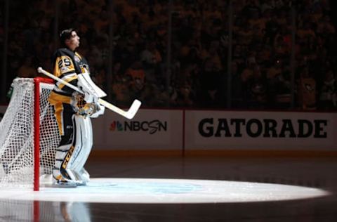 Apr 14, 2017; Pittsburgh, PA, USA; Pittsburgh Penguins goalie Marc-Andre Fleury (29) stands for the national anthem before playing the Columbus Blue Jackets during the first period in game two of the first round of the 2017 Stanley Cup Playoffs at PPG PAINTS Arena. Mandatory Credit: Charles LeClaire-USA TODAY Sports