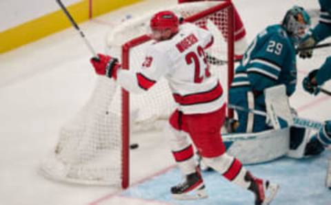 Oct 17, 2023; San Jose, California, USA; Carolina Hurricanes right wing Stefan Noesen (23) reacts after scoring a goal against San Jose Sharks goaltender Mackenzie Blackwood (29) during the third period at SAP Center at San Jose. Mandatory Credit: Robert Edwards-USA TODAY Sports