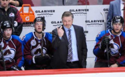 Nov 5, 2015; Glendale, AZ, USA; Colorado Avalanche head coach Patrick Roy (C) reacts after losing a coaches challenge in the second period against the Arizona Coyotes at Gila River Arena. Mandatory Credit: Matt Kartozian-USA TODAY Sports