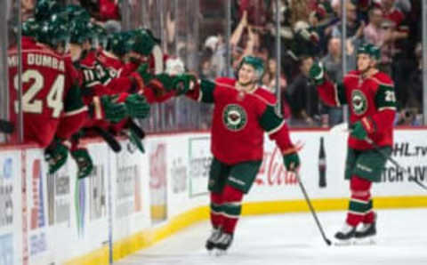 Oct 18, 2016; Saint Paul, MN, USA; Minnesota Wild forward Teemu Pulkkinen (17) celebrates his goal during the second period against the Los Angeles Kings at Xcel Energy Center. Mandatory Credit: Brace Hemmelgarn-USA TODAY Sports