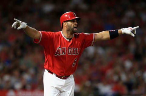 ANAHEIM, CA – JULY 12: Albert Pujols #5 of the Los Angeles Angels of Anaheim reacts after hitting a single during the fifth inning of a game against the Seattle Mariners at Angel Stadium on July 12, 2018 in Anaheim, California. (Photo by Sean M. Haffey/Getty Images)