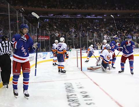 Vitali Kravtsov #74 of the New York Rangers (L). (Photo by Bruce Bennett/Getty Images)