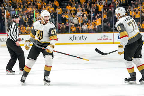 NASHVILLE, TN – NOVEMBER 27: Max Pacioretty #67 celebrates his game tying goal with William Karlsson #71 of the Vegas Golden Knights against the Nashville Predators at Bridgestone Arena on November 27, 2019 in Nashville, Tennessee. (Photo by John Russell/NHLI via Getty Images)