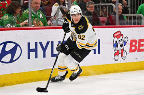 Mar 14, 2023; Chicago, Illinois, USA; Boston Bruins forward Tomas Nosek (92) skates against the Chicago Blackhawks at United Center. Mandatory Credit: Jamie Sabau-USA TODAY Sports