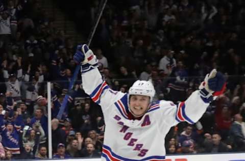 UNIONDALE, NEW YORK – JANUARY 16: Jesper Fast #17 of the New York Rangers celebrates a victory over the New York Islanders at NYCB Live’s Nassau Coliseum on January 16, 2020 in Uniondale, New York. The Rangers defeated the Islanders 2-1. (Photo by Bruce Bennett/Getty Images)