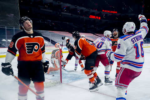 Ryan Strome #16 of the New York Rangers reacts following a goal by Chris Kreider #20 of the New York Rangers. (Photo by Tim Nwachukwu/Getty Images)