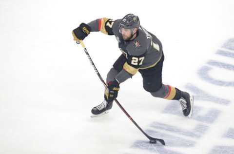 LAS VEGAS, NV – MAY 30: Shea Theodore #27 of the Vegas Golden Knights scores a goal against the Washington Capitals during the second period in Game Two of the 2018 NHL Stanley Cup Final at T-Mobile Arena on May 30, 2018, in Las Vegas, Nevada. (Photo by Isaac Brekken/Getty Images)