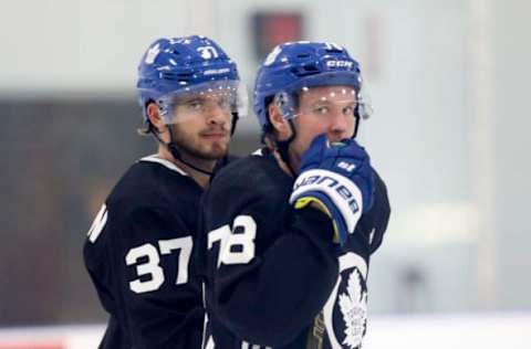 TORONTO, ON – September 6: Timothy Liljegren (37) and Rasmus Sandin (78) look around during a drill.Toronto Maple Leafs rookies skated at their training facility, the MCC before heading to Montreal for tournament. (Toronto Star/Toronto Star via Getty Images)