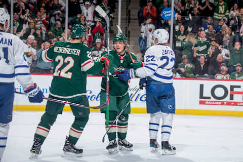 ST. PAUL, MN – DECEMBER 14: (L-R) Nino Niederreiter #22 and Mikael Granlund #64 of the Minnesota Wild celebrate after scoring a goal against Nikita Zaitsev #22 and the Toronto Maple Leafs during the game at the Xcel Energy Center on December 14, 2017 in St. Paul, Minnesota. (Photo by Bruce Kluckhohn/NHLI via Getty Images)