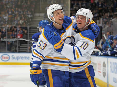 TORONTO, ON – APRIL 12: Jeff Skinner #53 of the Buffalo Sabres celebrates his goal against the Toronto Maple Leafs with teammate Henri Jokiharju #10 during an NHL game at Scotiabank Arena on April 12, 2022 in Toronto, Ontario, Canada. The Sabres defeated the Maple Leafs 5-2. (Photo by Claus Andersen/Getty Images)