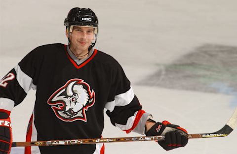 WASHINGTON, DC – NOVEMBER 28: Richard Smehlik #42 of the Buffalo Sabres warms up before a NHL hockey game against the Washington Capitals at MCI Center on November 28, 2001 in Washington, DC. (Photo by Mitchell Layton/Getty Images)