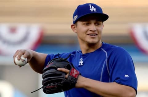 Oct 17, 2016; Los Angeles, CA, USA; Los Angeles Dodgers shortstop Corey Seager (5) thros during today’s batting practice and workout prior to game one of the NLCS against the Chicago Cubs at Dodger Stadium. Mandatory Credit: Jayne Kamin-Oncea-USA TODAY Sports