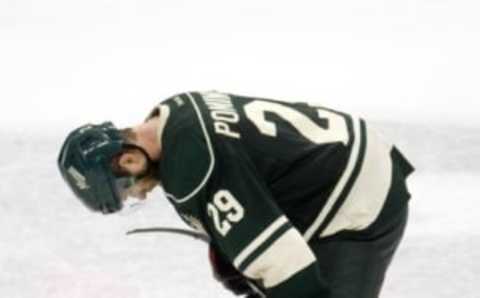 Apr 24, 2016; Saint Paul, MN, USA; Minnesota Wild forward Jason Pominville (29) reacts after the loss to Dallas Stars in game six of the first round of the 2016 Stanley Cup Playoffs at Xcel Energy Center. The Stars win 5-4 over the Wild. Mandatory Credit: Marilyn Indahl-USA TODAY Sports