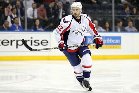 Feb 28, 2017; New York, NY, USA; Washington Capitals defenseman Kevin Shattenkirk (22) skates against the New York Rangers during the second period at Madison Square Garden. Mandatory Credit: Brad Penner-USA TODAY Sports