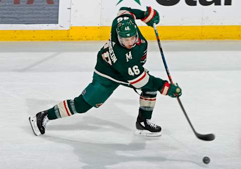 ST. PAUL, MN – OCTOBER 25: Jared Spurgeon #46 of the Minnesota Wild takes a shot on goal during a game between the Minnesota Wild and Los Angeles Kings at Xcel Energy Center on October 25, 2018 in St. Paul, Minnesota. The Wild defeated the Kings 4-1.(Photo by Bruce Kluckhohn/NHLI via Getty Images)