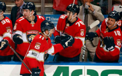 SUNRISE, FL – APRIL 7: Jonathan Huberdeau #11 of the Florida Panthers celebrates his first period goal with teammates against the Buffalo Sabres at the BB&T Center on April 7, 2018 in Sunrise, Florida. (Photo by Eliot J. Schechter/NHLI via Getty Images)