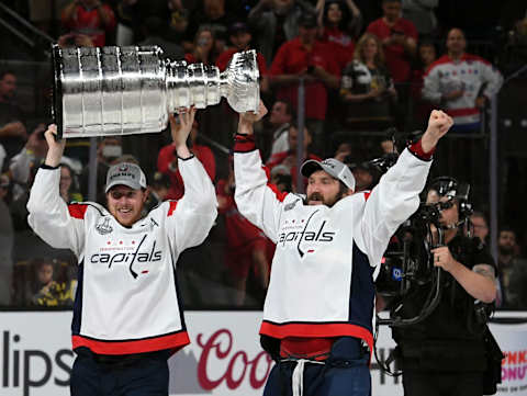 LAS VEGAS, VA – JUNE 7:Washington Capitals center Nicklas Backstrom (19) and Washington Capitals left wing Alex Ovechkin (8) hoist the Stanley Cup after winning Game 5 of the Stanley Cup Final between the Washington Capitals and the Vegas Golden Knights at T-Mobile Arena on Thursday, June 7, 2018. (Photo by Toni L. Sandys/The Washington Post via Getty Images)