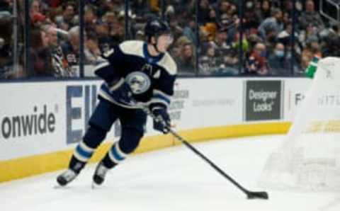 COLUMBUS, OH – JANUARY 23: Zach Werenski #8 of the Columbus Blue Jackets controls the puck during the game against the Ottawa Senators at Nationwide Arena on January 23, 2022 in Columbus, Ohio. Ottawa defeated Columbus 2-1. (Photo by Kirk Irwin/Getty Images)