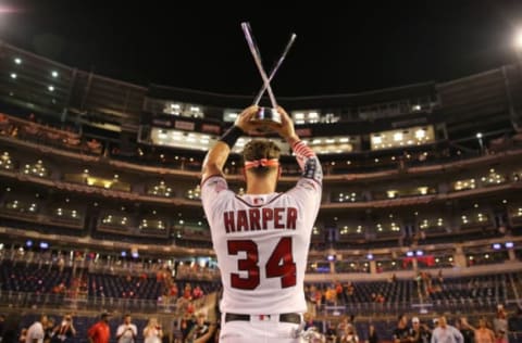 WASHINGTON, D.C. – JULY 16: Bryce Harper #34 of the Washington Nationals celebrates after winning the T-Mobile Home Run Derby at Nationals Park on Monday, July 16, 2018 in Washington, D.C. (Photo by Rob Tringali/MLB Photos via Getty Images) *** Bryce Harper