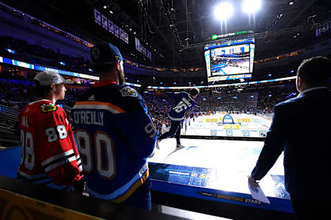 ST LOUIS, MISSOURI – JANUARY 24: Mitch Marner #16 of the Toronto Maple Leafs takes part in the Gatorade NHL Shooting Stars event as part of the 2020 NHL All-Star Skills competition at Enterprise Center on January 24, 2020 in St Louis, Missouri. (Photo by Brian Babineau/NHLI via Getty Images)