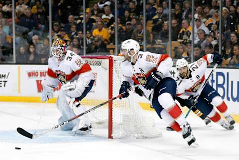 BOSTON, MA – APRIL 08: Florida Panthers defenseman Keith Yandle (3) heads up ice with Florida Panthers center Vincent Trocheck (21) during a game between the Boston Bruins and the Florida Panthers on April 8, 2018, at TD Garden in Boston, Massachusetts. The Panthers defeated the Bruins 4-2. (Photo by Fred Kfoury III/Icon Sportswire via Getty Images)