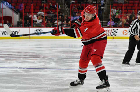 RALEIGH, NC – NOVEMBER 07: Carolina Hurricanes Defenceman Haydn Fleury (4) shoots the puck during a game between the Florida Panthers and the Carolina Hurricanes at the PNC Arena in Raleigh, NC on November 7 2017. Carolina defeated Florida 3-1. (Photo by Greg Thompson/Icon Sportswire via Getty Images)