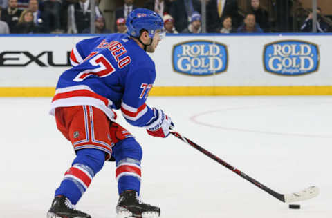 NEW YORK, NY – APRIL 05: New York Rangers Defenceman Tony DeAngelo (77) in action during the shootout in the National Hockey League game between the Columbus Blue Jackets and the New York Rangers on April 5, 2019 at Madison Square Garden in New York, NY. (Photo by Joshua Sarner/Icon Sportswire via Getty Images)