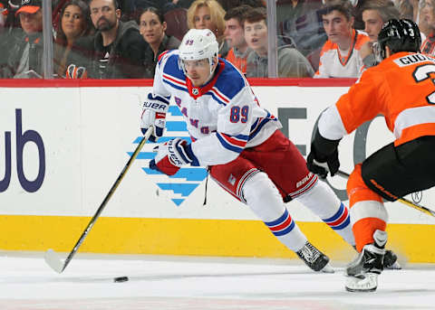 PHILADELPHIA, PA – APRIL 07: Pavel Buchnevich #89 of the New York Rangers skates the puck against the Philadelphia Flyers on April 7, 2018 at the Wells Fargo Center in Philadelphia, Pennsylvania. (Photo by Len Redkoles/NHLI via Getty Images)