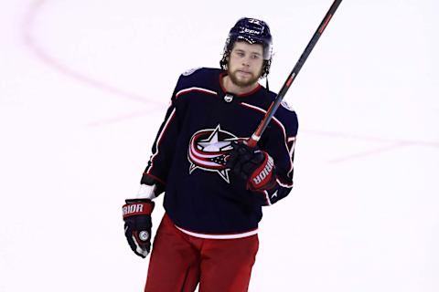 May 6, 2019; Columbus, OH, USA; Columbus Blue Jackets right wing Josh Anderson (77) waves to fans after being defeated by the Boston Bruins in game six of the second round of the 2019 Stanley Cup Playoffs at Nationwide Arena. Mandatory Credit: Aaron Doster-USA TODAY Sports